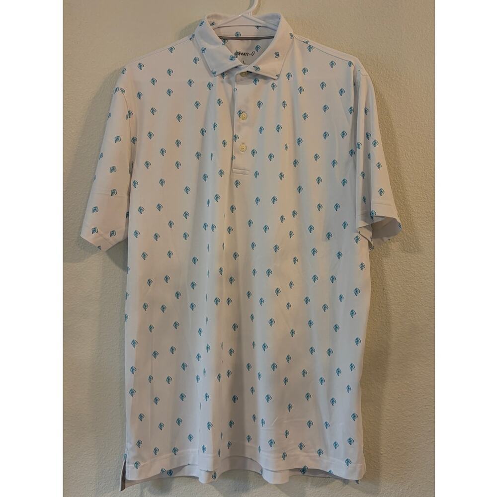 Johnnie-O Men’s Large White Blue Geometric Print Performance Golf Polo